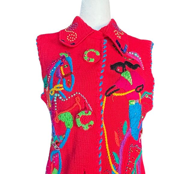 Michael Simon Bright Cherry Red Sleeveless Embroidered Cardigan Beaded Horse - Picture 2 of 16